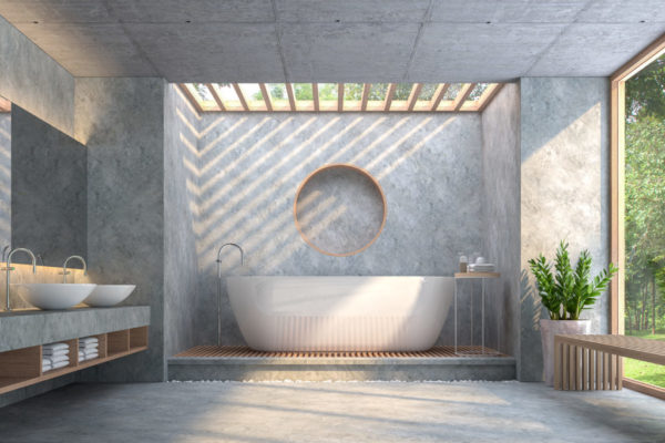 Modern loft style bathroom with polished concrete 3d render